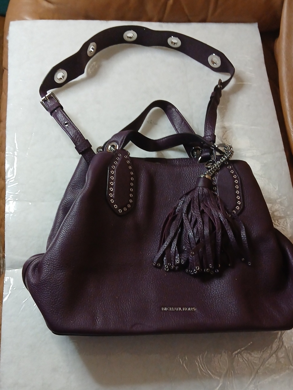 NWT Michael Kors Brooklyn Large Leather Grommet Satchel Bag - Plum/Iris
